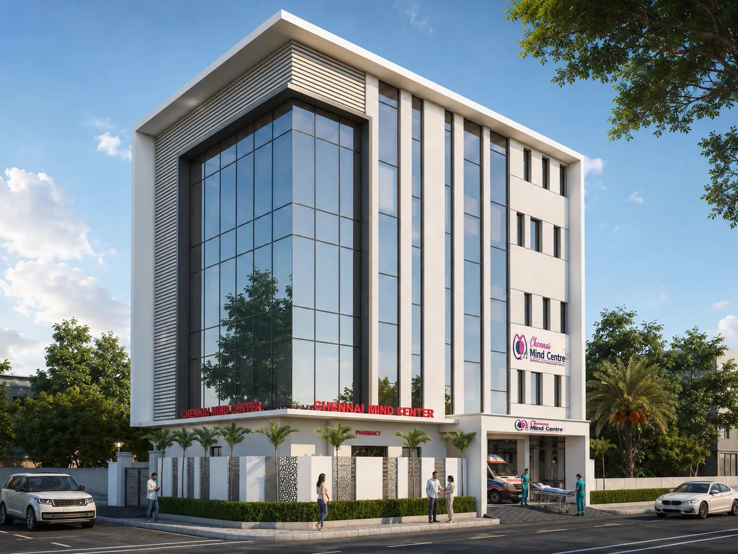 Chennai Mind Center, a night view of the street elevation.